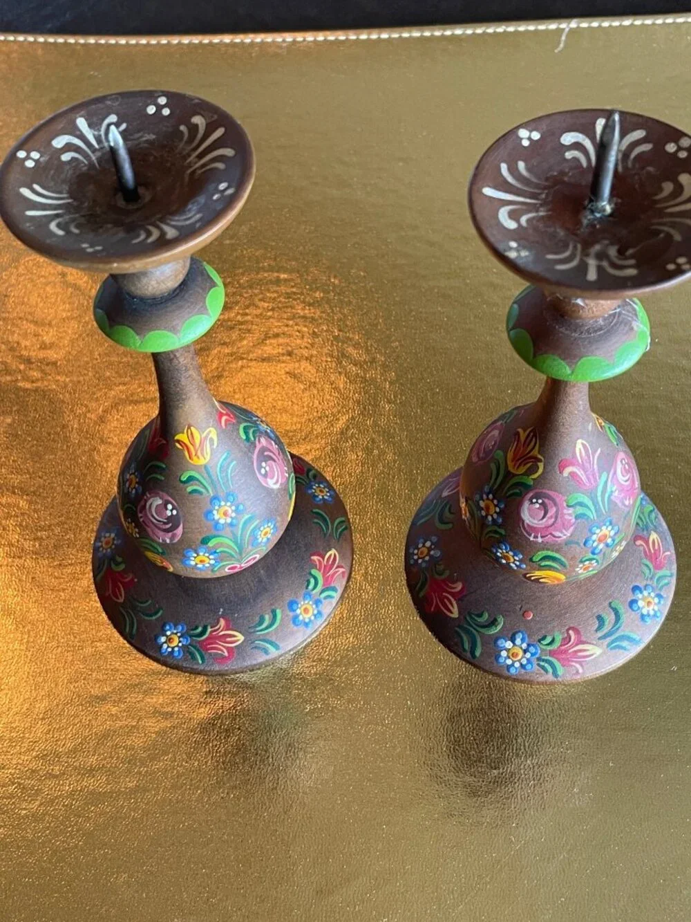Decorative German Hand-Painted Wood candlesticks